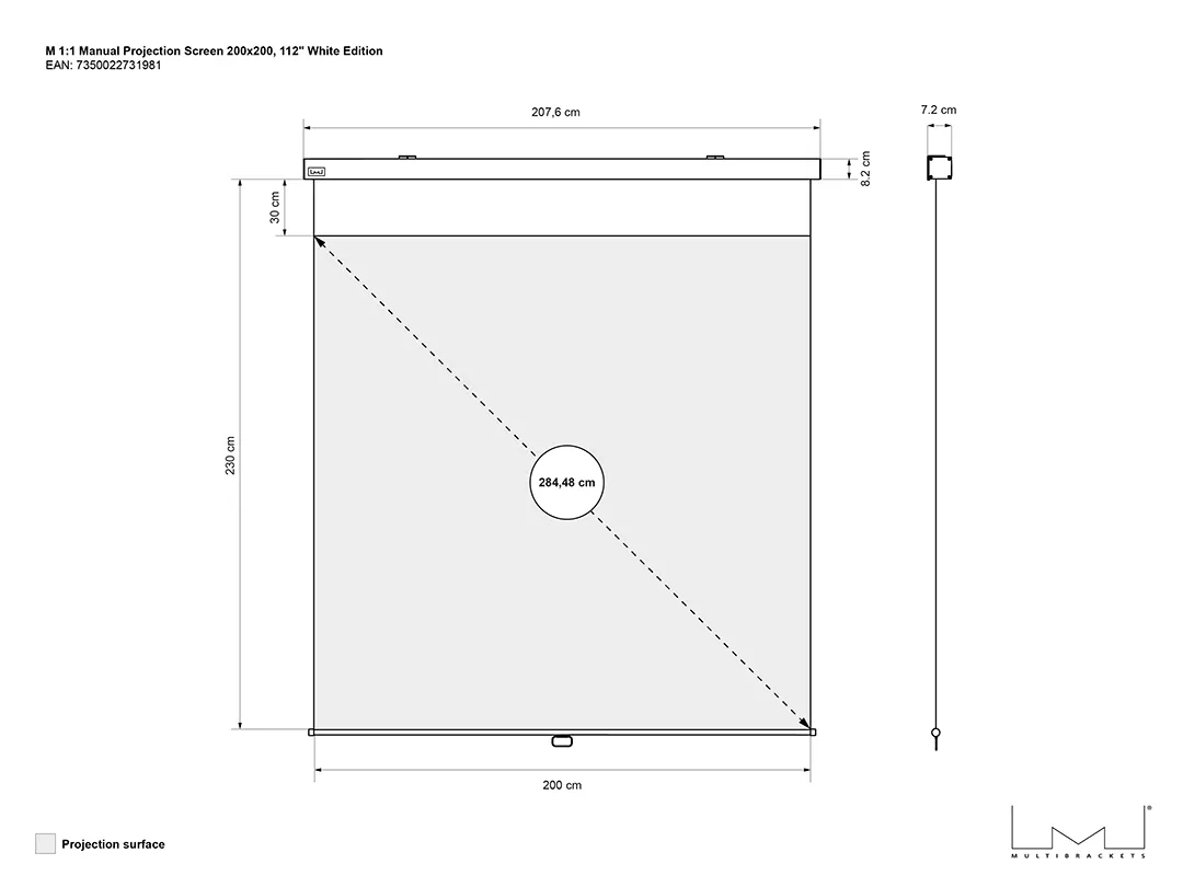 Multibrackets M Manual Self-lock Projection Screen Deluxe - Heijastusnäyttö - kattoon asennettava - 112 tuuma (284 cm) - 1:1 - Matte White - valkoinen