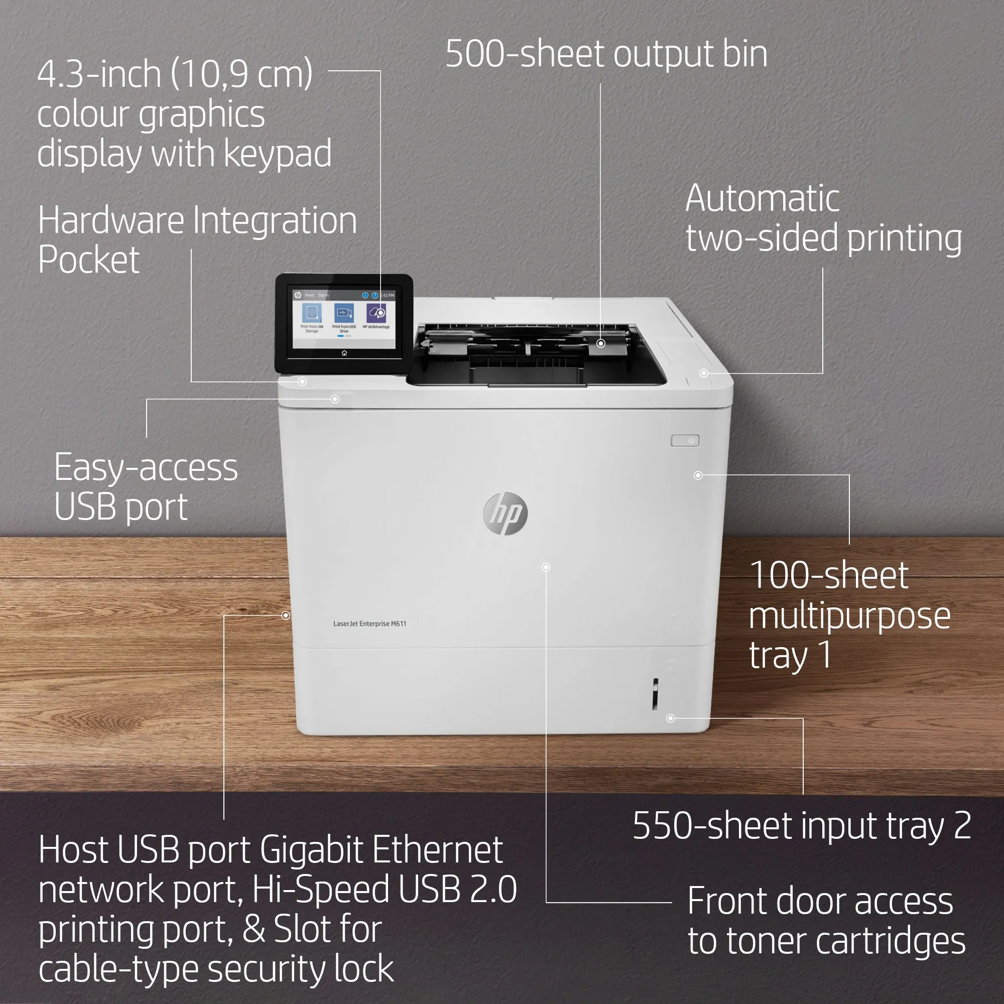 HP LaserJet Enterprise M611dn - Tulostin - yksiv&auml;rinen - Dupleksi - laser - A4/Legal - 1200 x 1200 pistett&auml;/tuuma - jopa 61 sivua/min - kapasiteetti: 650 arkkia