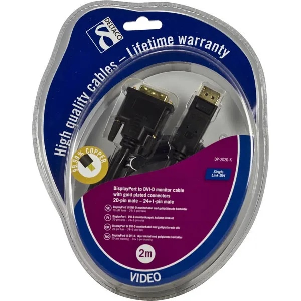 Deltaco DisplayPort &ndash; DVI-D Single Link cable, 2 m, Black