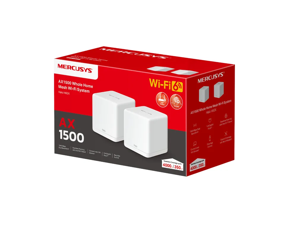 Mercusys Halo H60X Mesh WiFi System, Wi-Fi 6, AX1500, Dual-band, 2 pcs, White