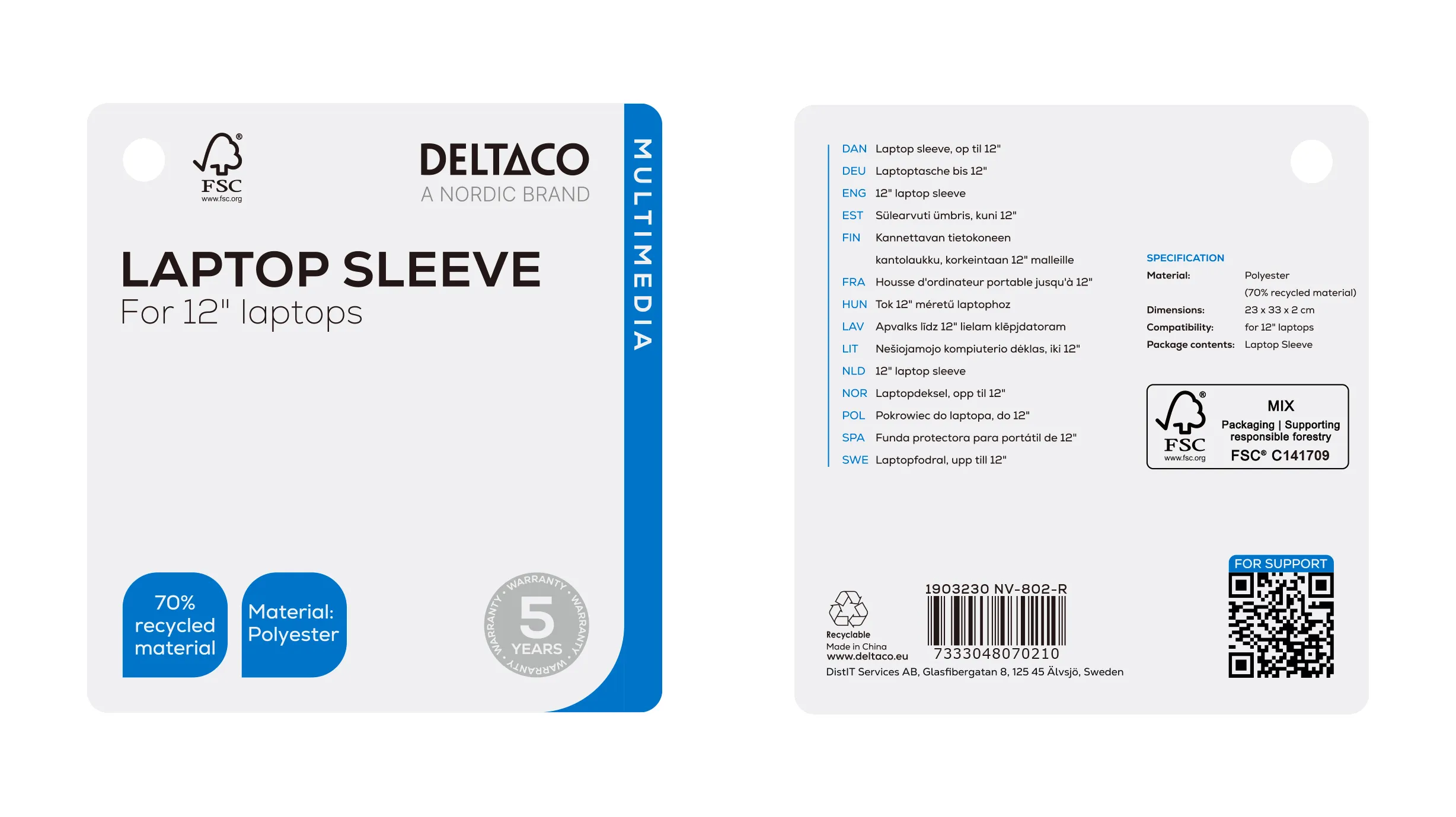 Deltaco sleeve recycled polyester - notebook bag, Black, 12&quot;