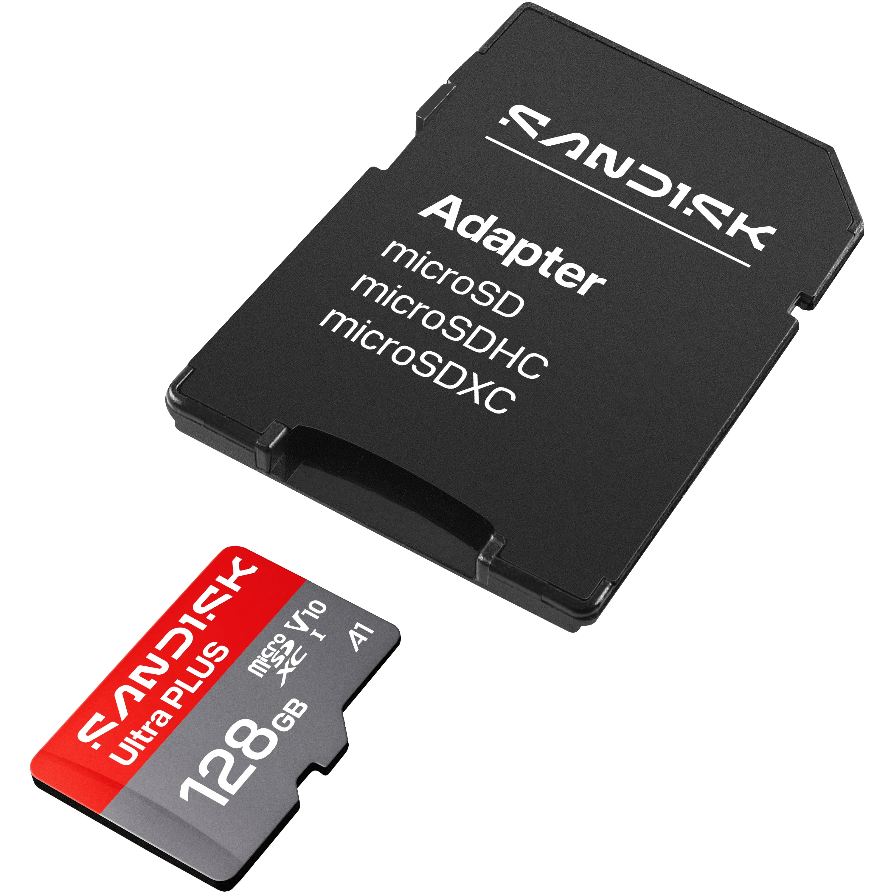 SanDisk Ultra PLUS 128 GB MicroSDXC UHS-I U1 kort + adapter, gr&aring;