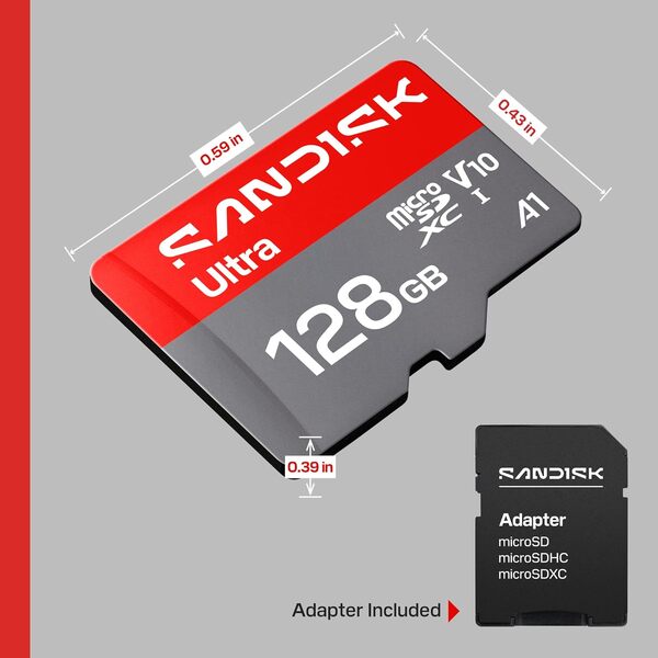 SanDisk Ultra PLUS 128GB MicroSDXC UHS-I U1 card with adapter, Grey