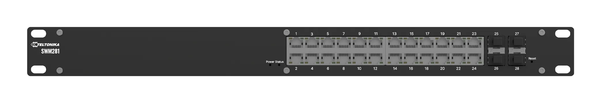 Teltonika SWM281 -kytkin, hallittava L2+, 24x Gigabit Ethernet, 4x SFP, r&auml;kkiasennettava, alumiini