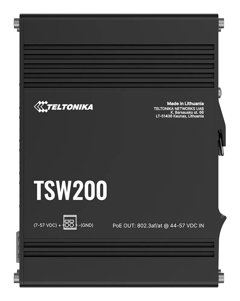 Teltonika TSW200 - Teollisuustason hallitsematon Gigabit Ethernet Power over Ethernet Plus -kytkin, Musta