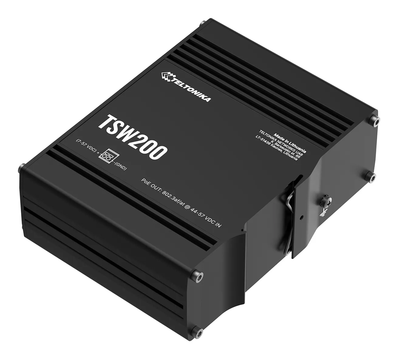 Teltonika TSW200 - Teollisuustason hallitsematon Gigabit Ethernet Power over Ethernet Plus -kytkin, Musta