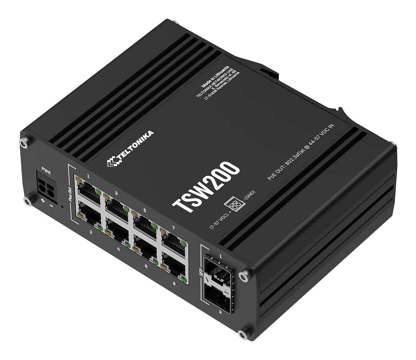 Teltonika TSW200 - Teollisuustason hallitsematon Gigabit Ethernet Power over Ethernet Plus -kytkin, Musta
