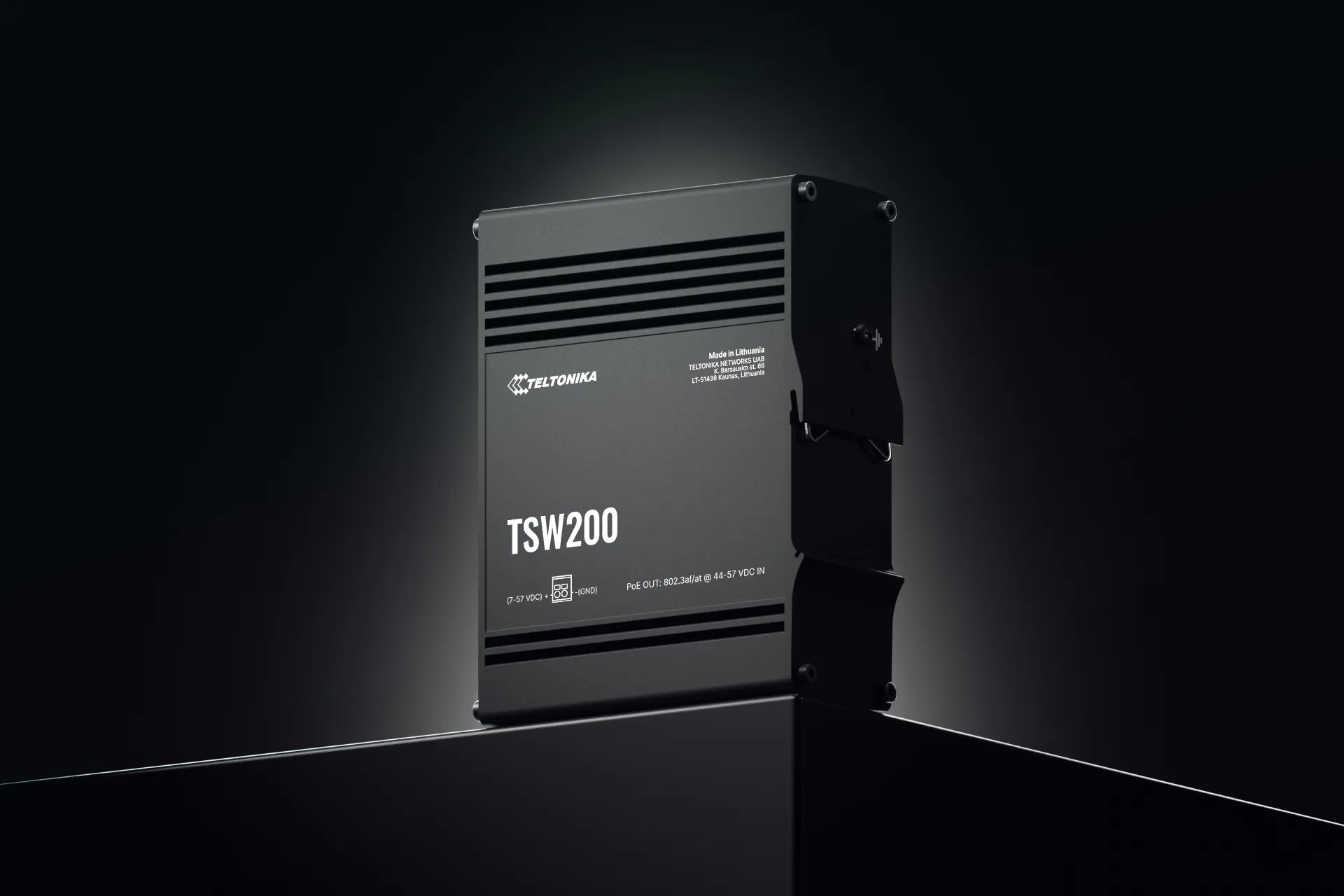 Teltonika TSW200 - Teollisuustason hallitsematon Gigabit Ethernet Power over Ethernet Plus -kytkin, Musta
