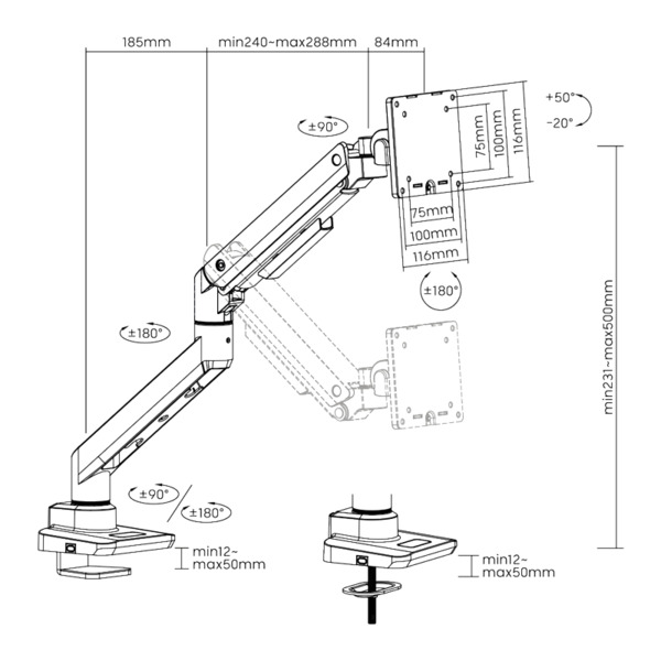 Logilink Monitor Mount Gasfj&auml;der - skrivbordsf&auml;ste, Svart, 17-49&quot;, 20kg