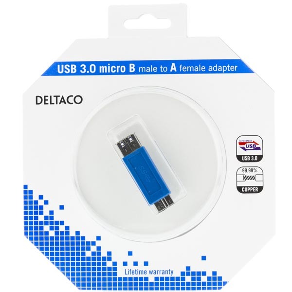 DELTACO USB 3.0 sovitin, Tyyppi Micro B - Tyyppi A na, sin