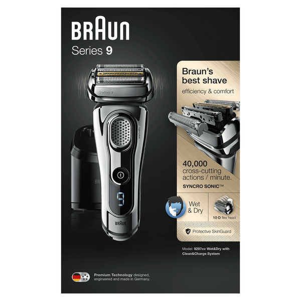 BRAUN PARRANAJOKONE 9297CC. Braun Series 9 -parranajokone on Braunin edistynein malli, jonka 5-osainen Sonic-ajop&auml;&auml; nostaa partakarvat pystyyn tarkkaa leikkaust