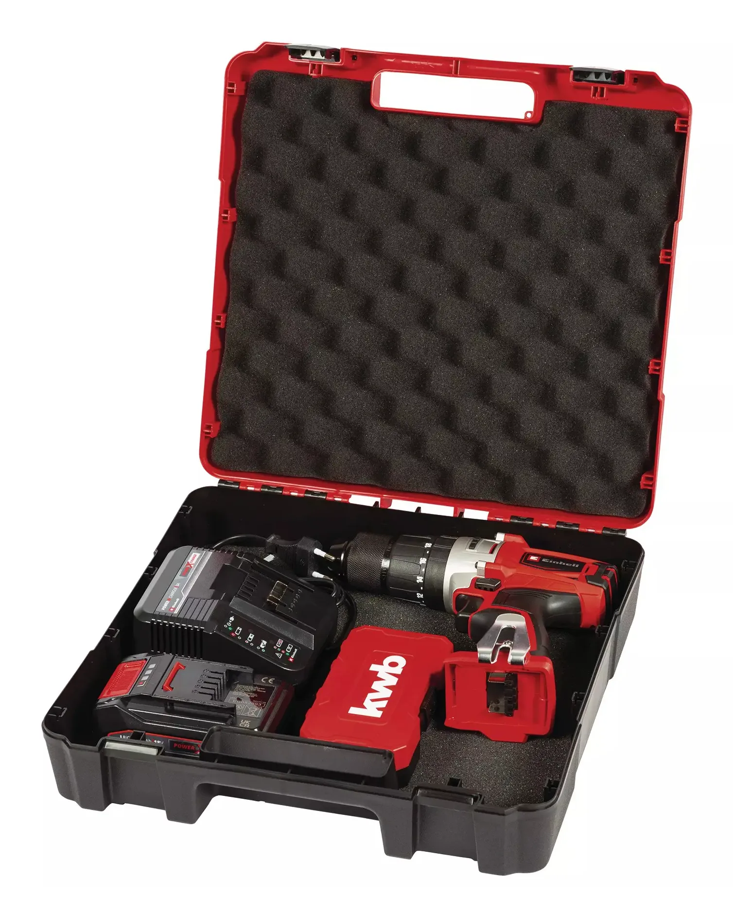 Einhell Cordless Impact Drill TE-CD 18/2 Li-i +22, 18V (red/black, Li-Ion battery 2.5Ah, case E-Box Basic + bit drill set)