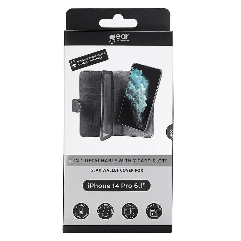 GEAR Wallet 7 Cards MagSeries, iPhone 14 Pro - 2-in-1 lompakkokotelo, Musta