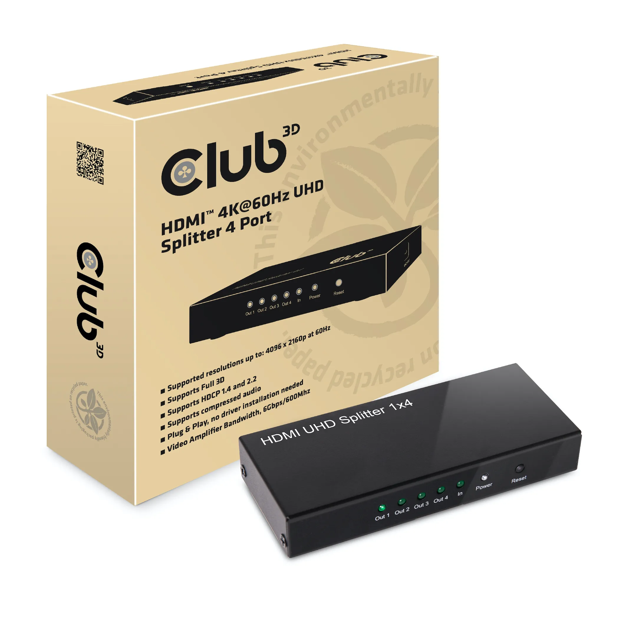 Club 3D 1 - 4 HDMI 2.0 -jakaja, 4K60Hz, Musta