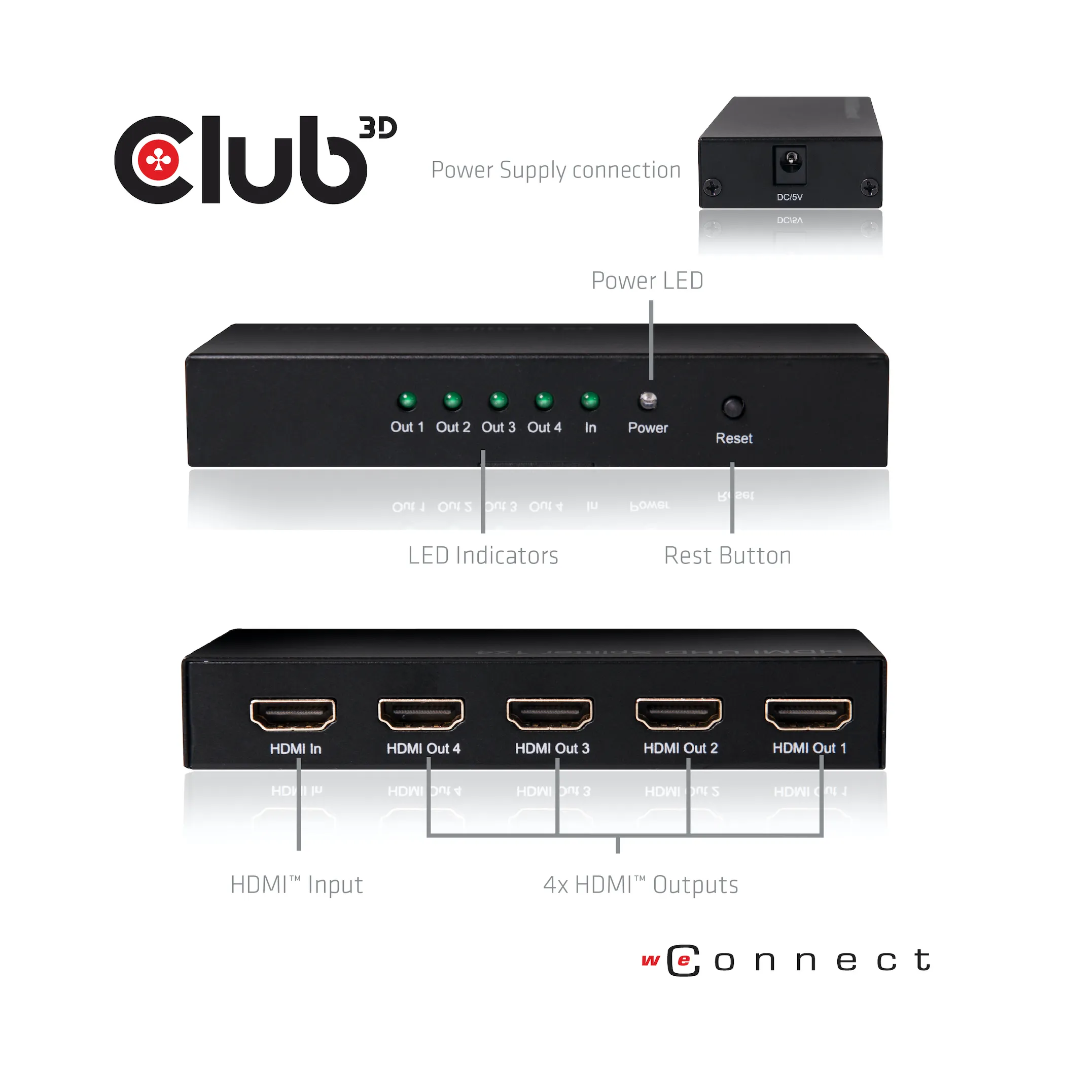 Club 3D 1 - 4 HDMI 2.0 -jakaja, 4K60Hz, Musta