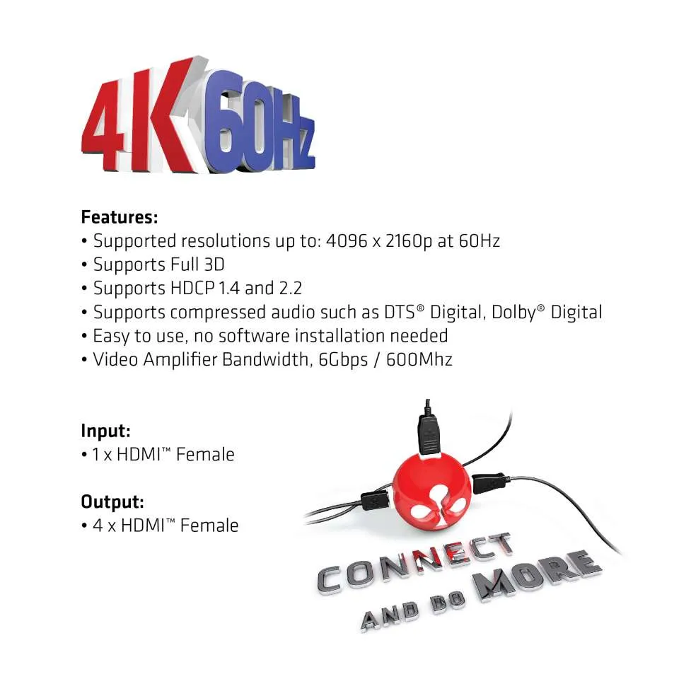 Club 3D 1 - 4 HDMI 2.0 -jakaja, 4K60Hz, Musta