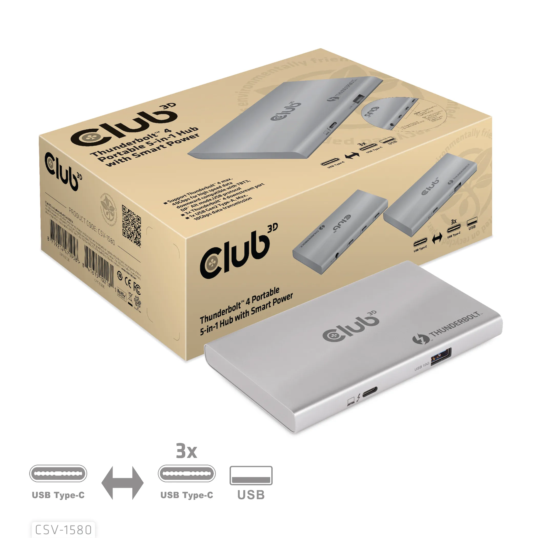 Club 3D Thunderbolt 4 Portable 5-in-1 Hub with Smart Power - hub, Gray