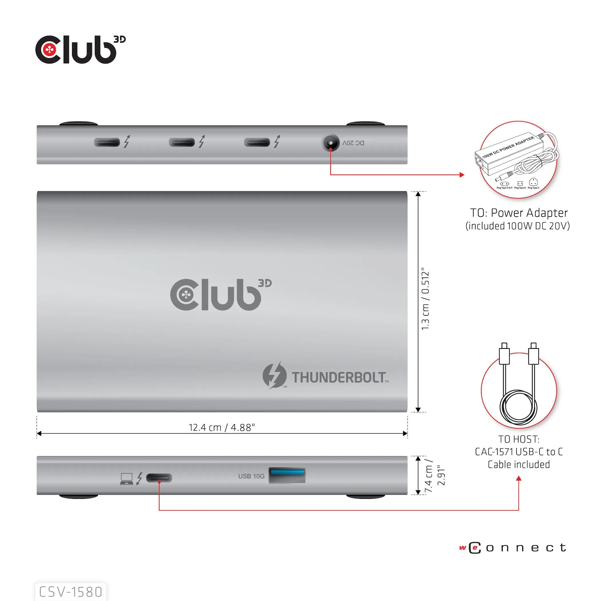 Club 3D Thunderbolt 4 Portable 5-in-1 Hub with Smart Power - hub, Gray