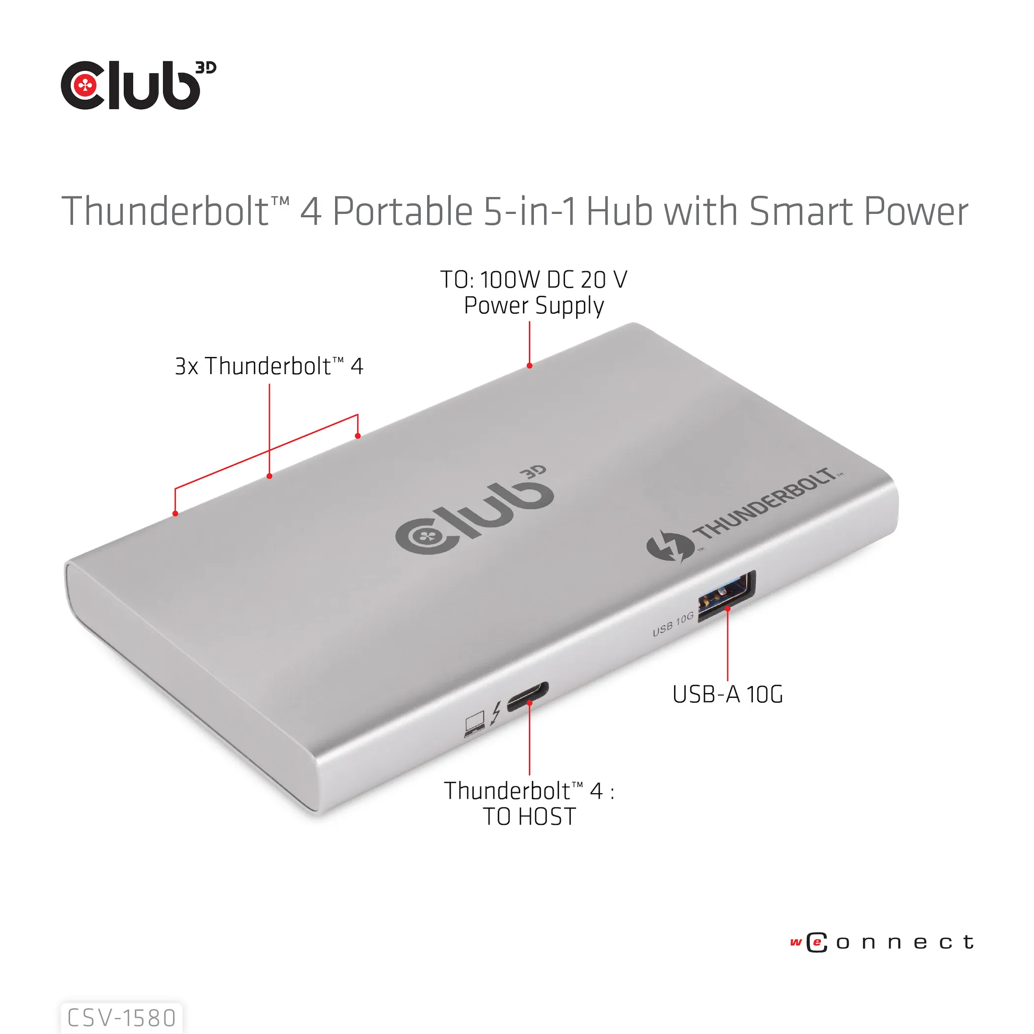 Club 3D Thunderbolt 4 Portable 5-in-1 Hub with Smart Power - hub, Gray