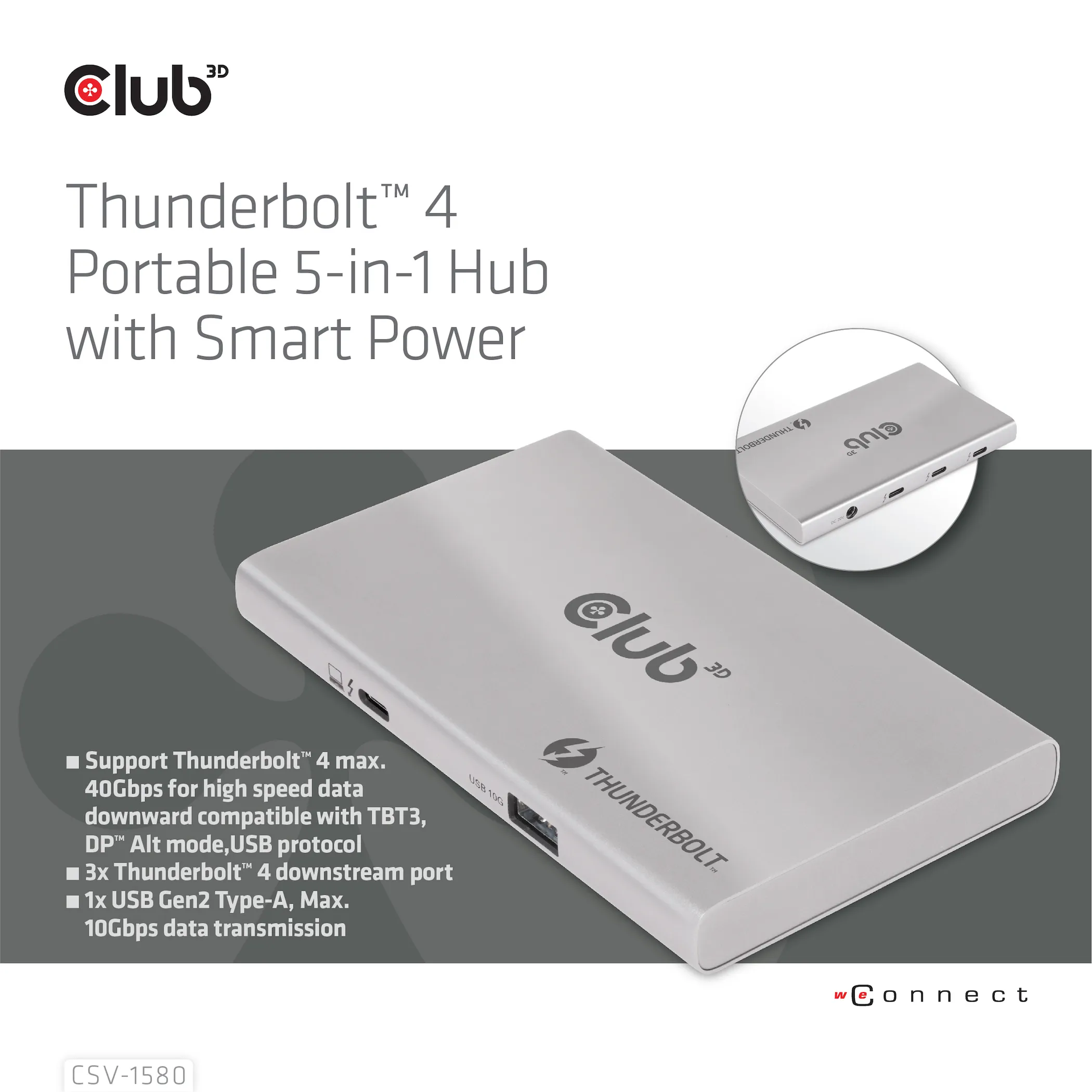 Club 3D Thunderbolt 4 Portable 5-in-1 Hub with Smart Power - hub, Gray