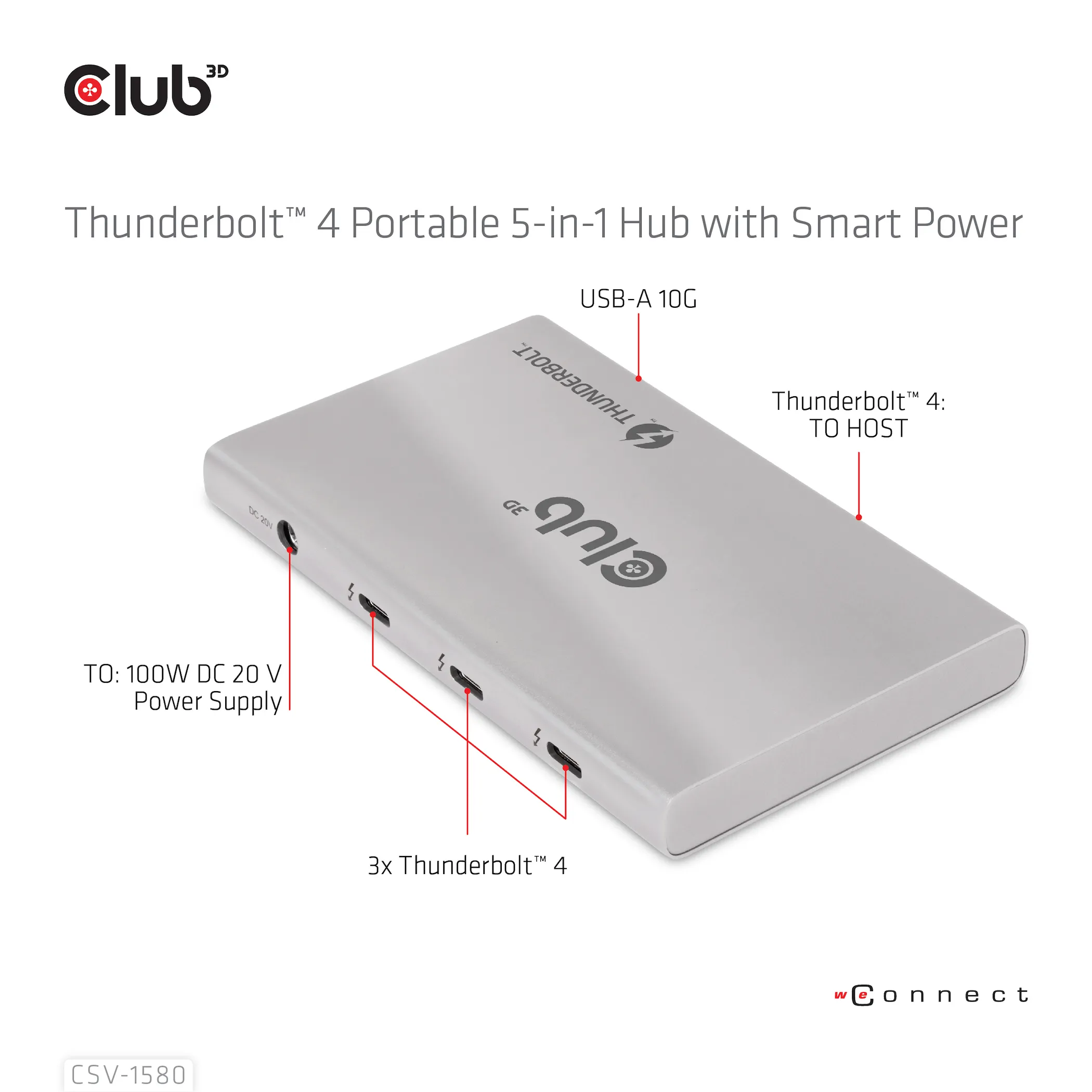 Club 3D Thunderbolt 4 Portable 5-in-1 Hub with Smart Power - hub, Gray