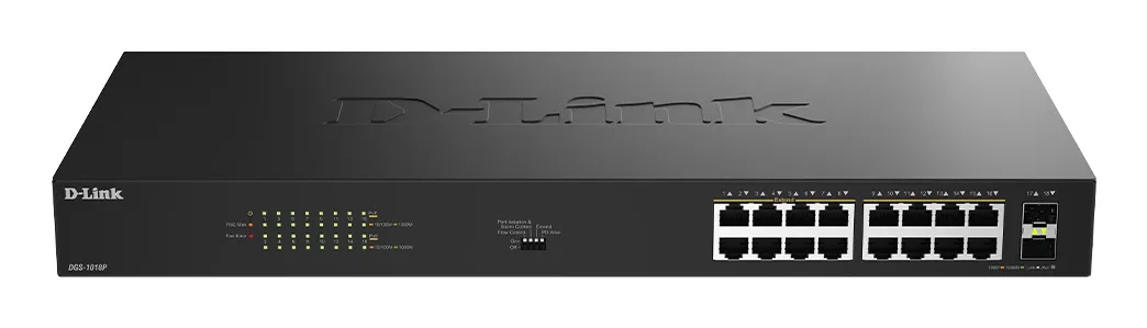 D-Link DGS-1018P/E - hallitsematon Gigabit-verkkokytkin, musta