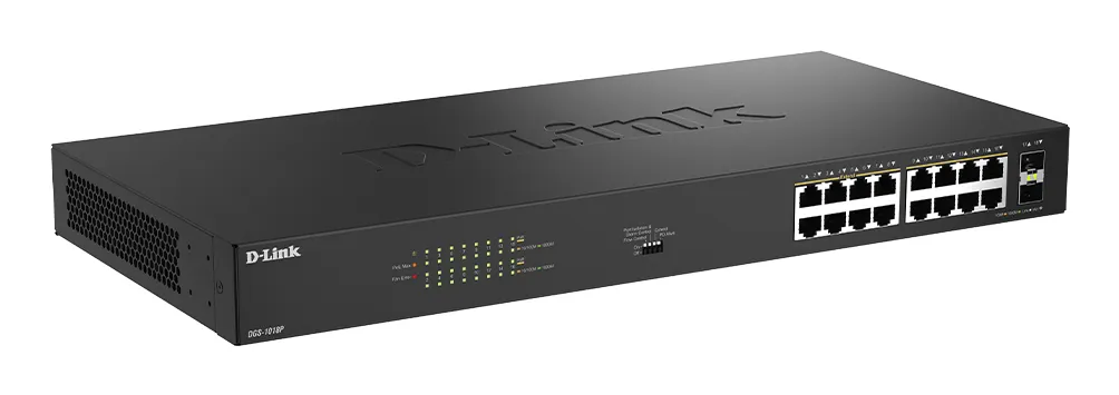 D-Link DGS-1018P/E - hallitsematon Gigabit-verkkokytkin, musta