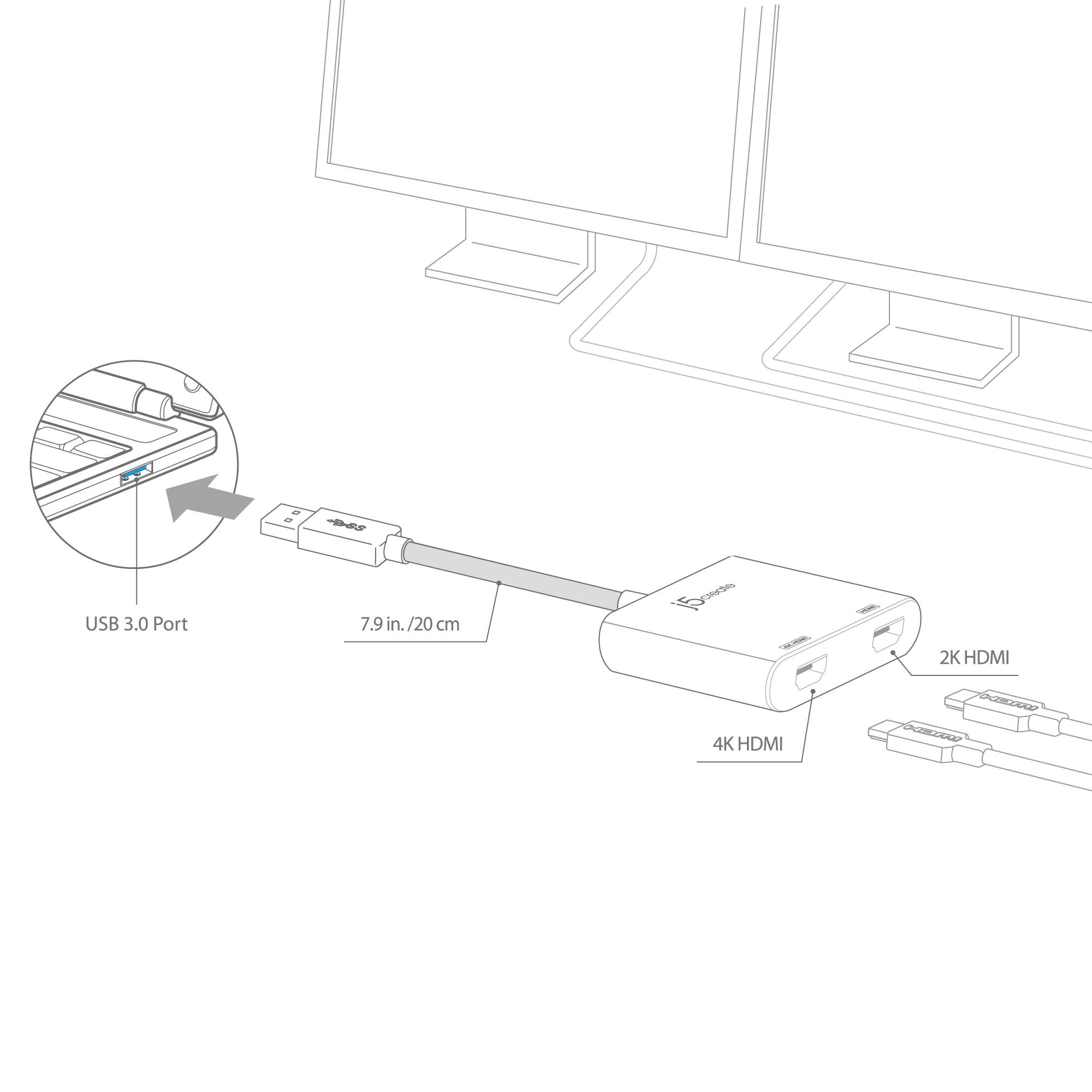J5 Create USB 3.0 to Dual HDMI Multi-Monitor Adapter - adapter, Grey
