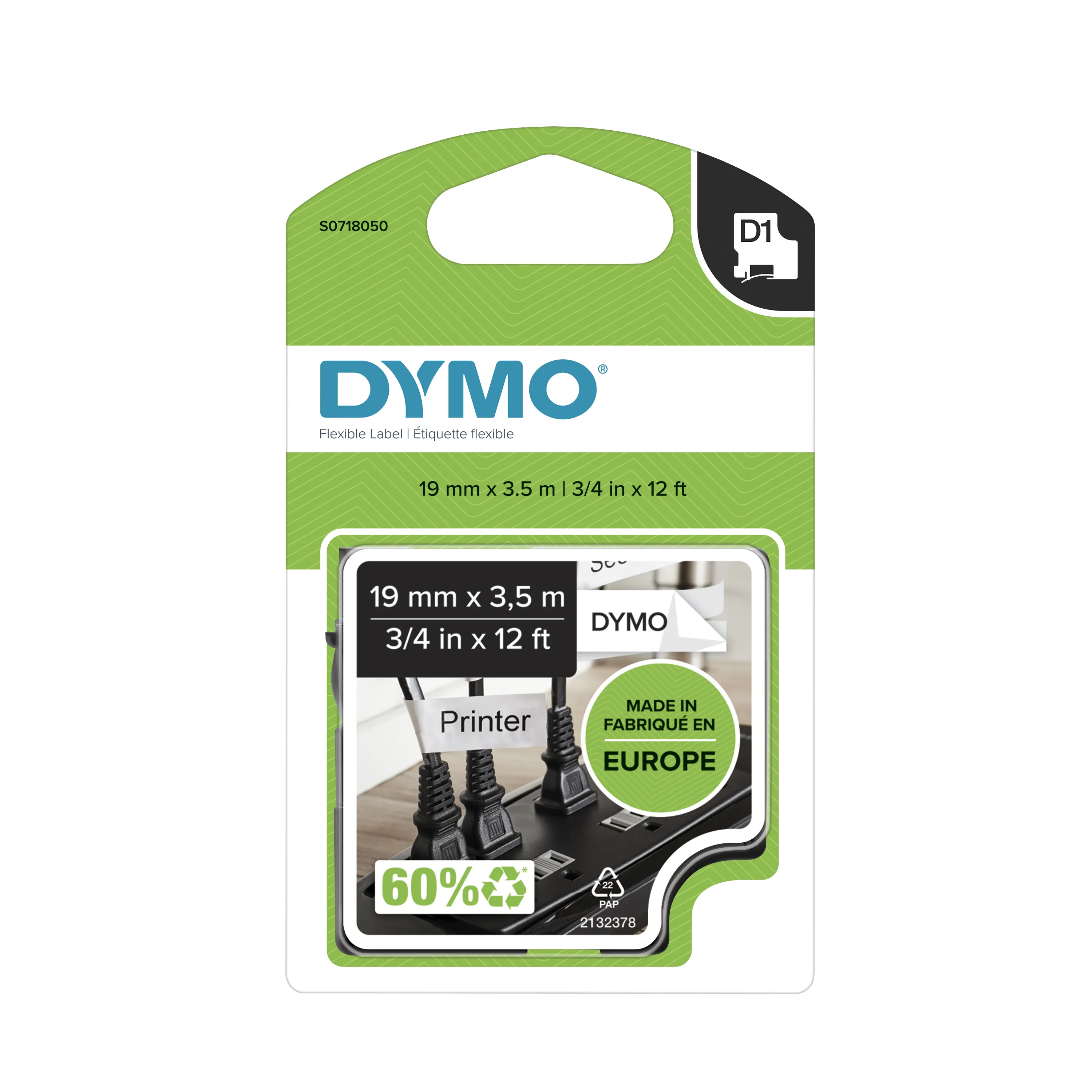 DYMO D1 m&auml;rktejp flex nylon 19mm, svart p&aring; vitt, 3.5m rulle