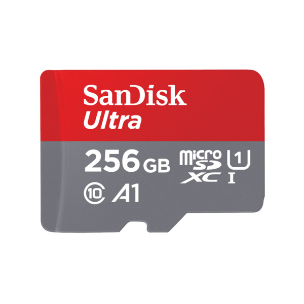 SanDisk Ultra Plus 256GB MicroSDXC UHS-I U1 Class 10 V10 A1 card with adapter, Gray/Red