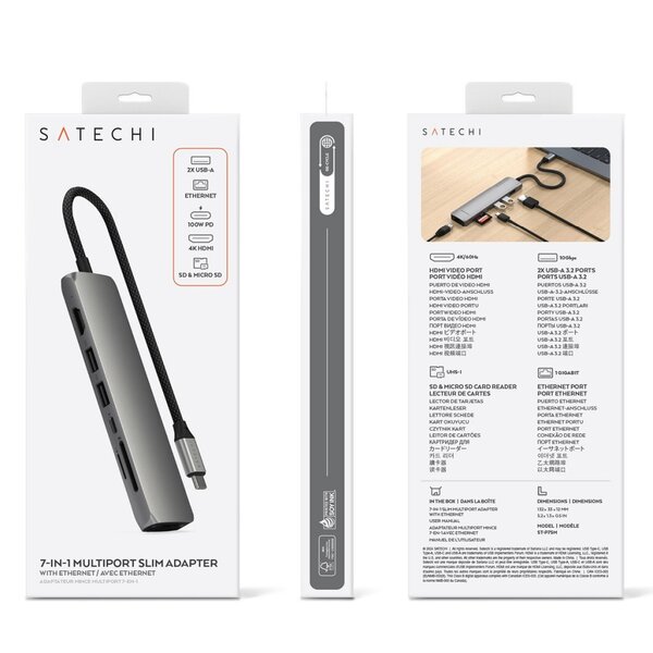 Satechi 7-i-1 USB-C Slim Multiport Adapter med Ethernet - rymdgr&aring;