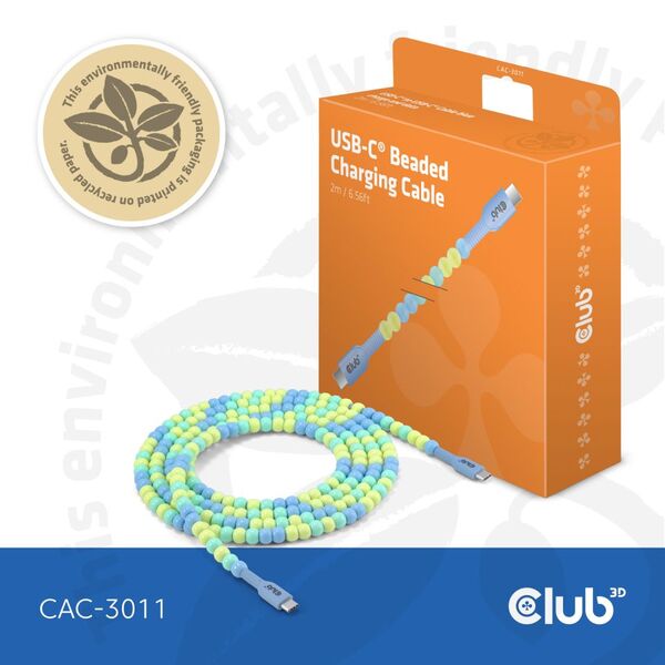 Club 3D USB-C - USB-C 60W Beaded - cable, Blue, 2m