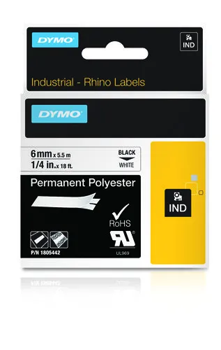 DYMO Rhino Professional, polyestertejp,  6mm, svart text p&aring; vit, 5,5m
