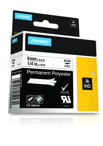DYMO Rhino Professional, polyestertejp,  6mm, svart text p&aring; vit, 5,5m