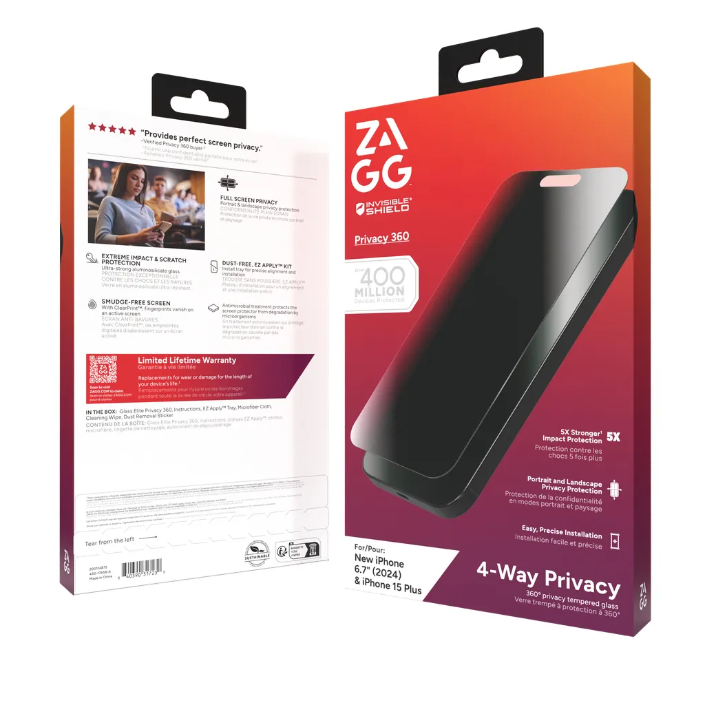 Zagg InvisibleShield Glass Elite Privacy 360 iPhone 16 Plus / 15 Plus - sk&auml;rmskydd