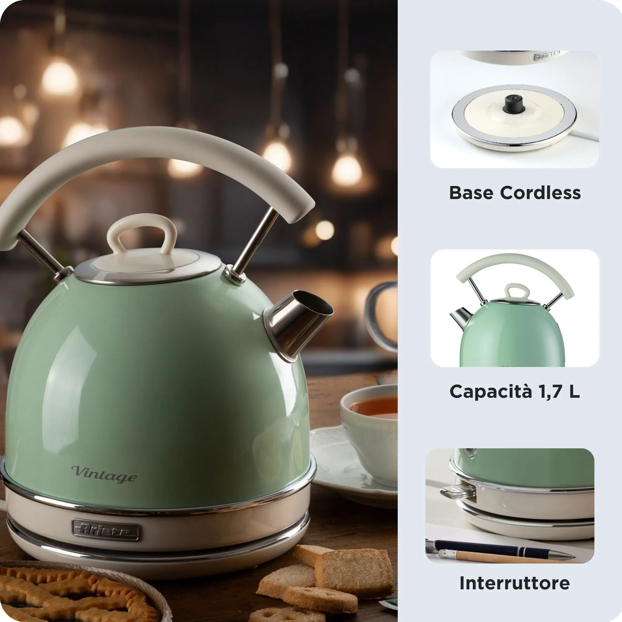 Ariete Vintage - electric kettle, Light Green, 1.7L