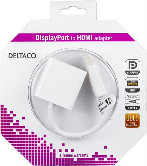 DELTACO DisplayPort - HDMI sovitin, 20-pin ur-na, 0,2m, valk