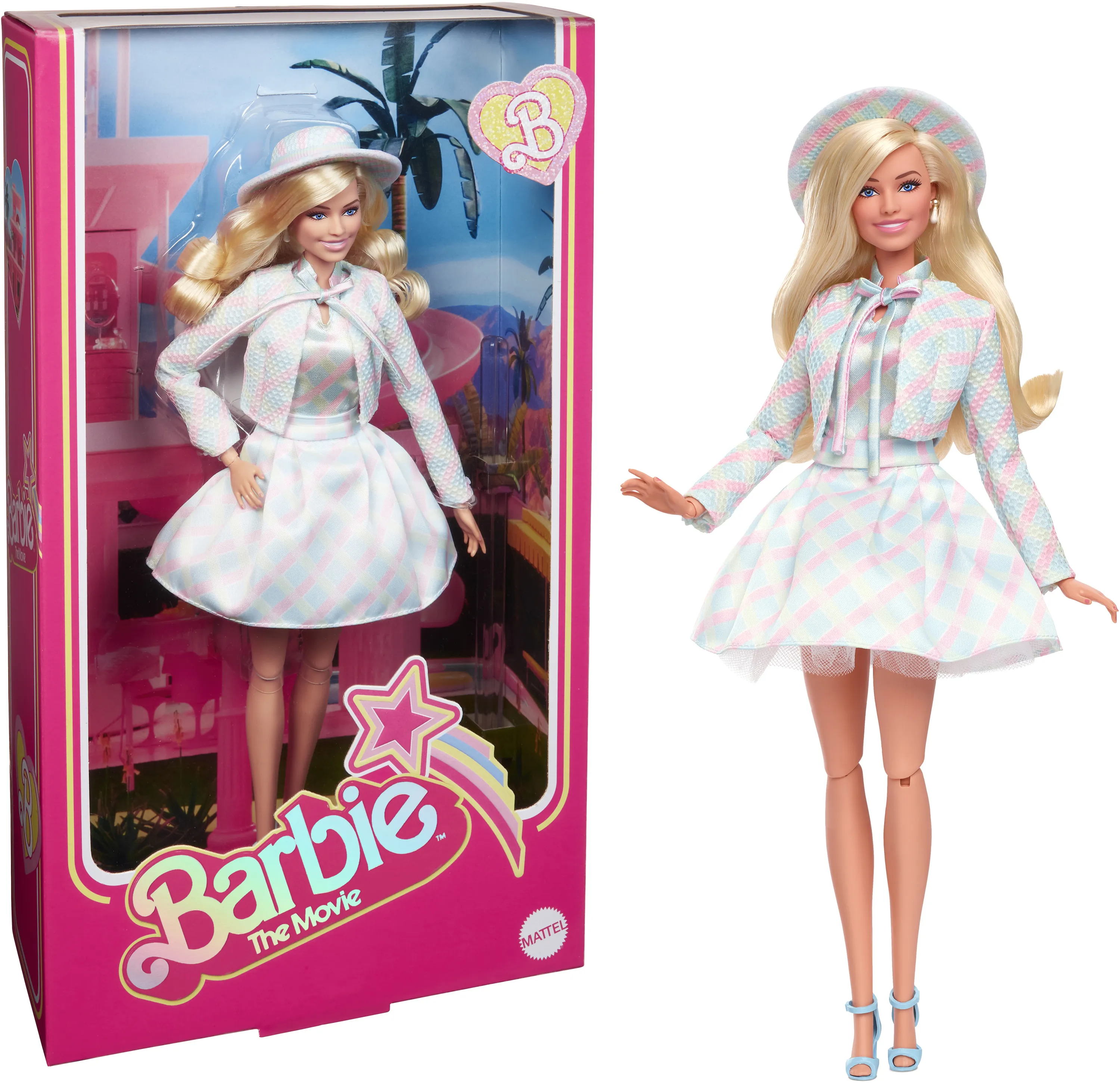 Mattel Barbie Signature The Movie - Margot Robbie as Barbie doll from the movie with blue checkered outfit, toy figure