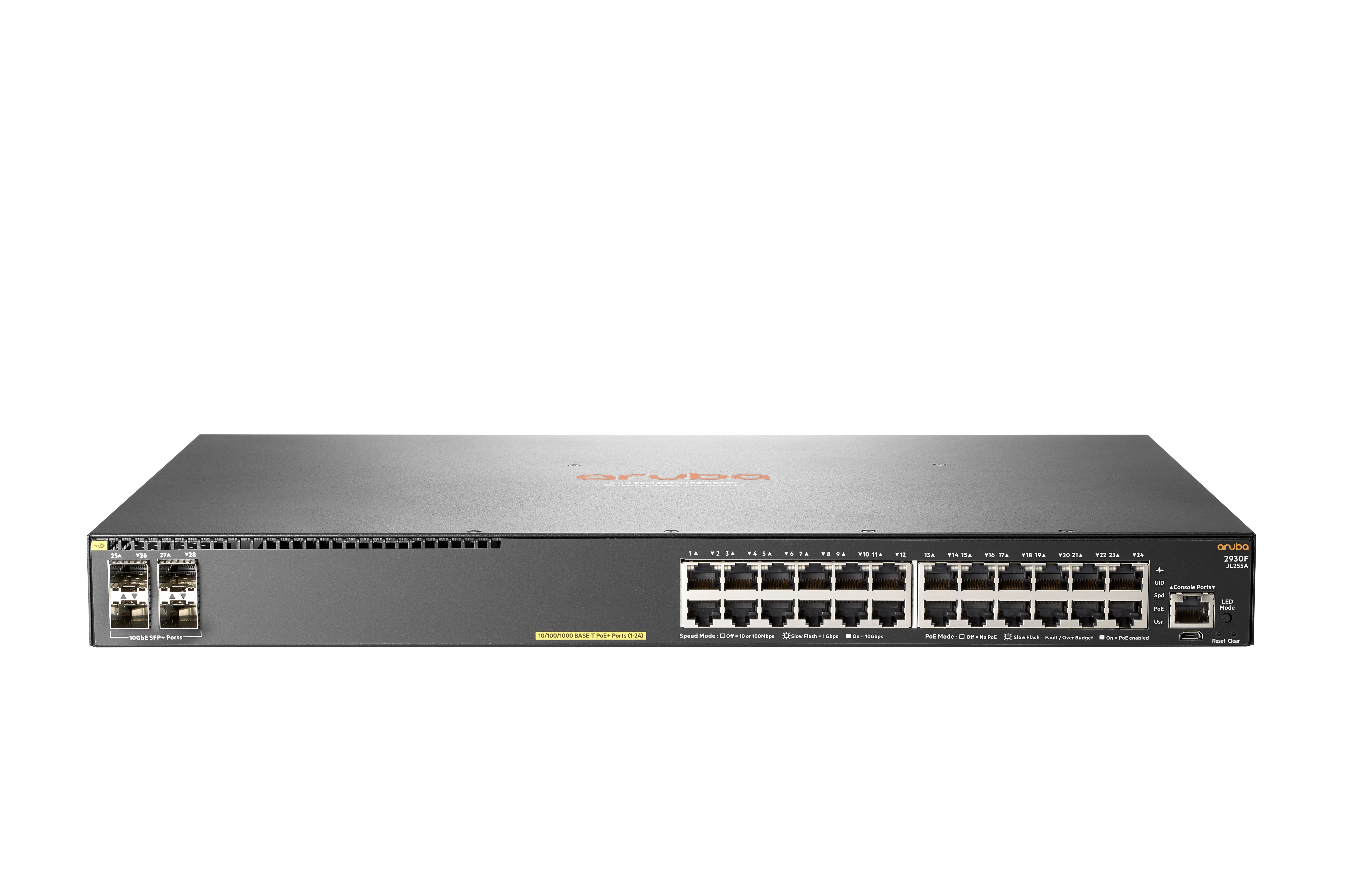 HPE Aruba 2930F 24G PoE+ 4SFP+ Basic Layer3 Switch (JL255A) with 24x 10/100/1000T PoE+ (Max 370 W) + 4x SFP+ 1/10GbE ports.Switching capacity 128 Gbps, Throughp