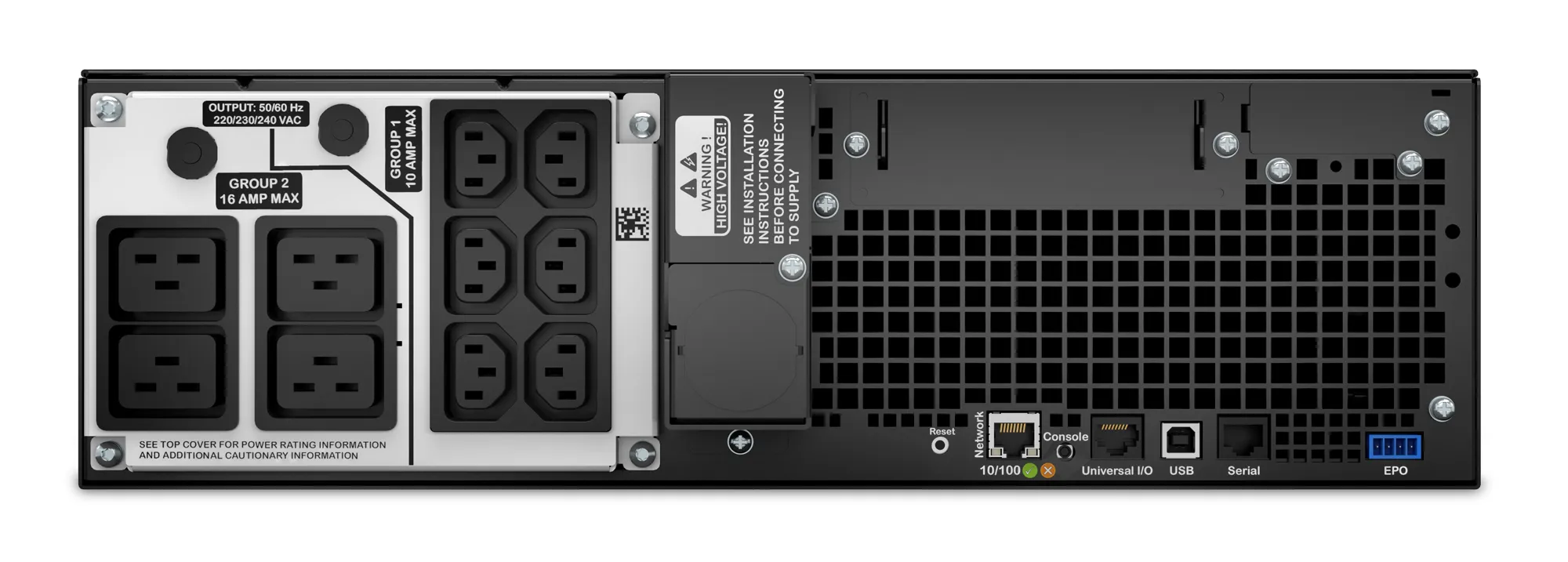 APC Smart-UPS On-Line 5000 VA / 4500 W 4 min (50% 11 min) Double Conversion Online 3U 19" Rackoumt UPS 230V. Tulo kiinteasennus 230V (1PH+N+G). L&auml;ht&ouml;: 4x IEC 32