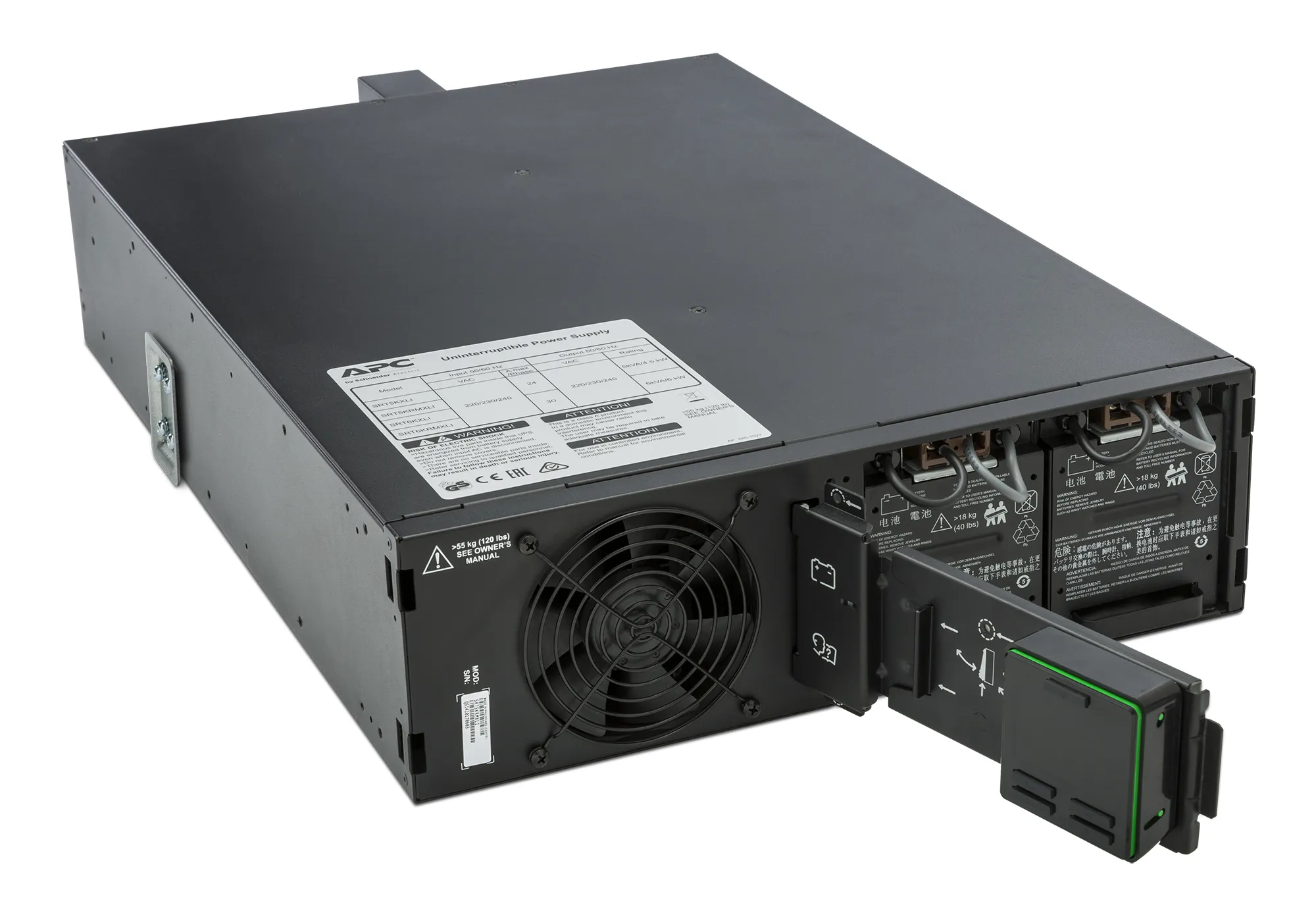 APC Smart-UPS On-Line 5000 VA / 4500 W 4 min (50% 11 min) Double Conversion Online 3U 19" Rackoumt UPS 230V. Tulo kiinteasennus 230V (1PH+N+G). L&auml;ht&ouml;: 4x IEC 32