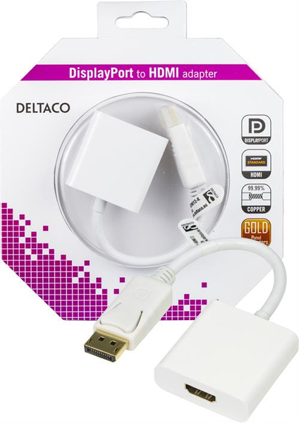DELTACO DisplayPort till HDMI adapter, 20-pin ha - ho, 0,2m, vit