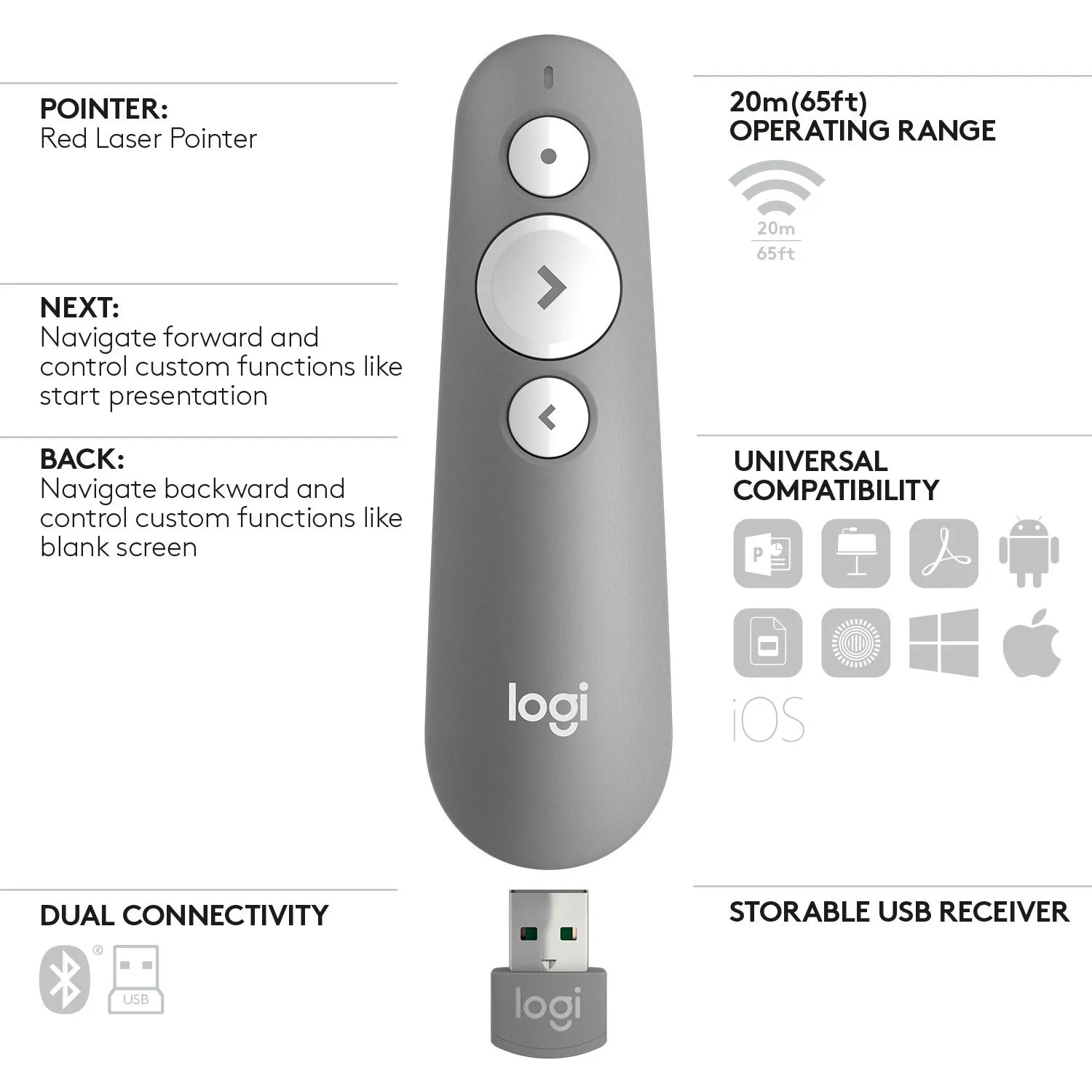 Logitech R500 Laser Presentation Remote, mid grey