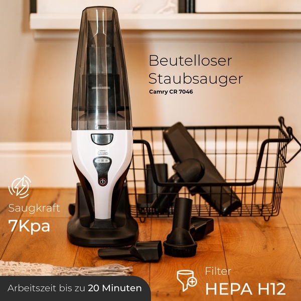 ADLER Camry CR 7046 - handdammsugare, 200 W, 0.5 L, p&aring;sl&ouml;s, 2.2 Ah, HEPA H12, vit och svart