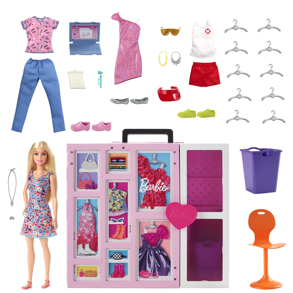 Mattel Barbie dream wardrobe with doll, fashion &amp; accessories, doll furniture (pink/white)