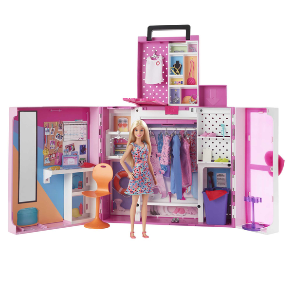 Mattel Barbie dream wardrobe with doll, fashion &amp; accessories, doll furniture (pink/white)