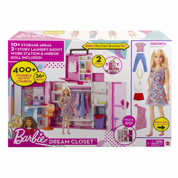 Mattel Barbie dream wardrobe with doll, fashion &amp; accessories, doll furniture (pink/white)