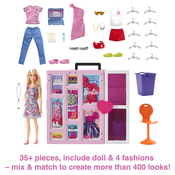 Mattel Barbie dream wardrobe with doll, fashion &amp; accessories, doll furniture (pink/white)