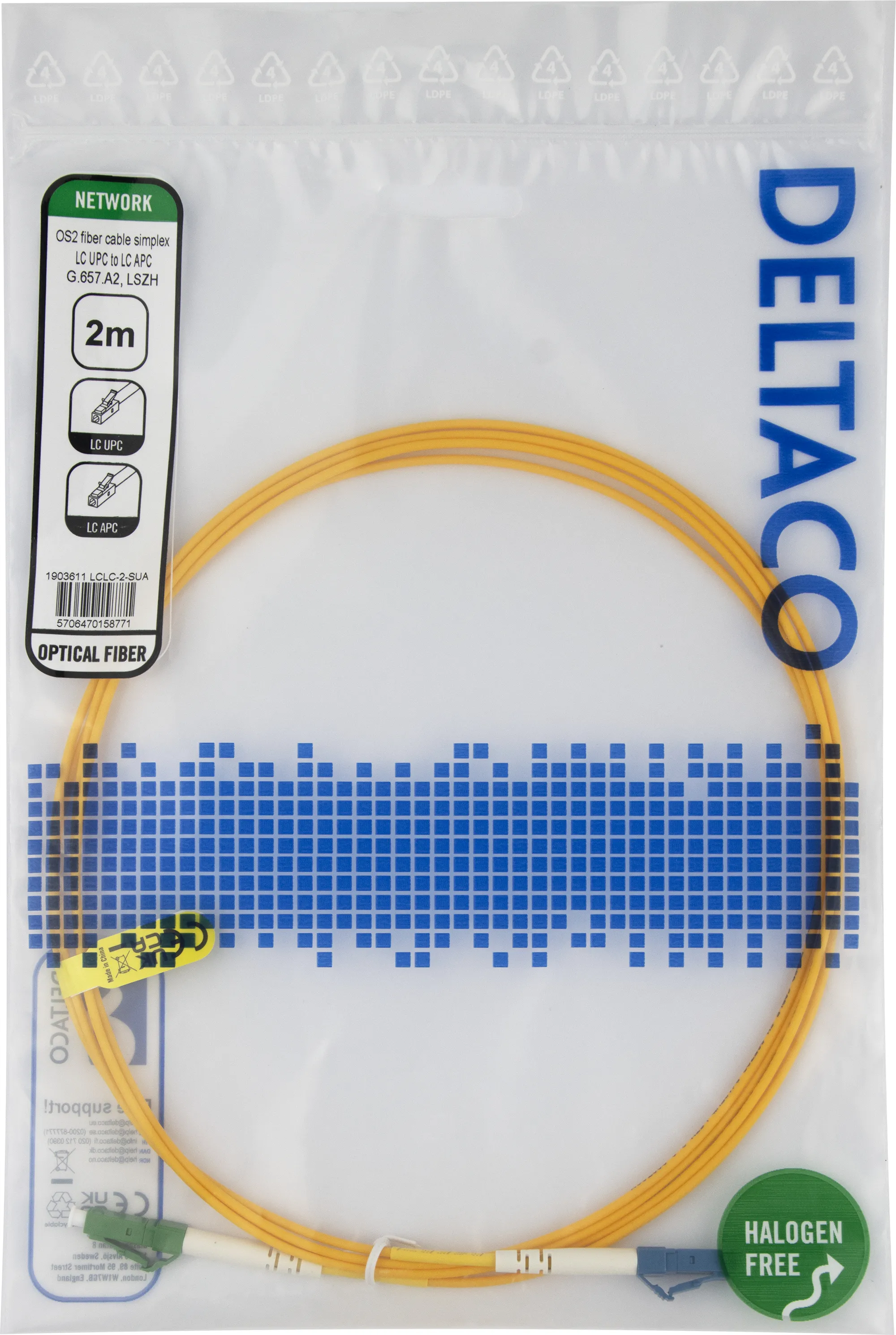 Deltaco OS2 LSZH LC-LC 2m fiberkabel, gul