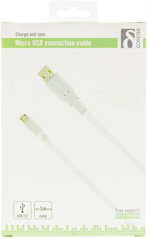 Deltaco USB-A - Micro-USB B - cable, 1 m, White